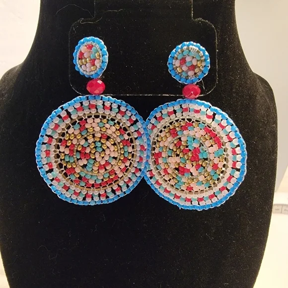 Beaded Multicolor Medallion Disc Dangle Earrings - Picture 5 of 5